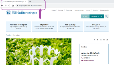 Screenshot af Psoriasisforeningens hjemmeside der viser, hvordan vores hjemmeside-adresse skal se ud i adresselinjen i en internetbrowser.