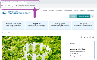 Screenshot af Psoriasisforeningens hjemmeside der viser, hvordan vores hjemmeside-adresse skal se ud i adresselinjen i en internetbrowser.