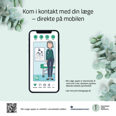Grafik der viser en smartphone med skærmbillede fra Min Læge-appen og tekst: Kom i kontakt med din læge - direkte på mobilen. 