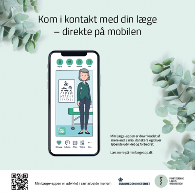 Grafik der viser en smartphone med skærmbillede fra Min Læge-appen og tekst: Kom i kontakt med din læge - direkte på mobilen.