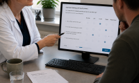 Kvindelæg hudlæge sidder med patient og gennemgår DLQI spørgeskema. 
