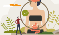 Grafisk illustration af et menneske i tegneserie-stil med tarme og hjerne visualiseret og pile imellem de to for at illustrere sammenhængen. 