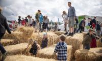 Pressefoto fra Roskilde Dyrskue, en gruppe børn leger i halmballer, med masser af aktivitet og mennesker og stande i baggrunden. 